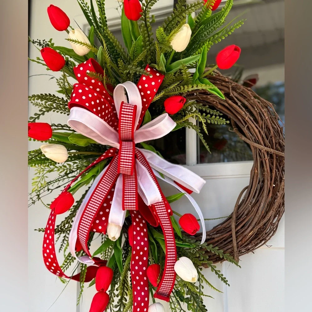 Festive Red and White Real Touch Tulip Wreath